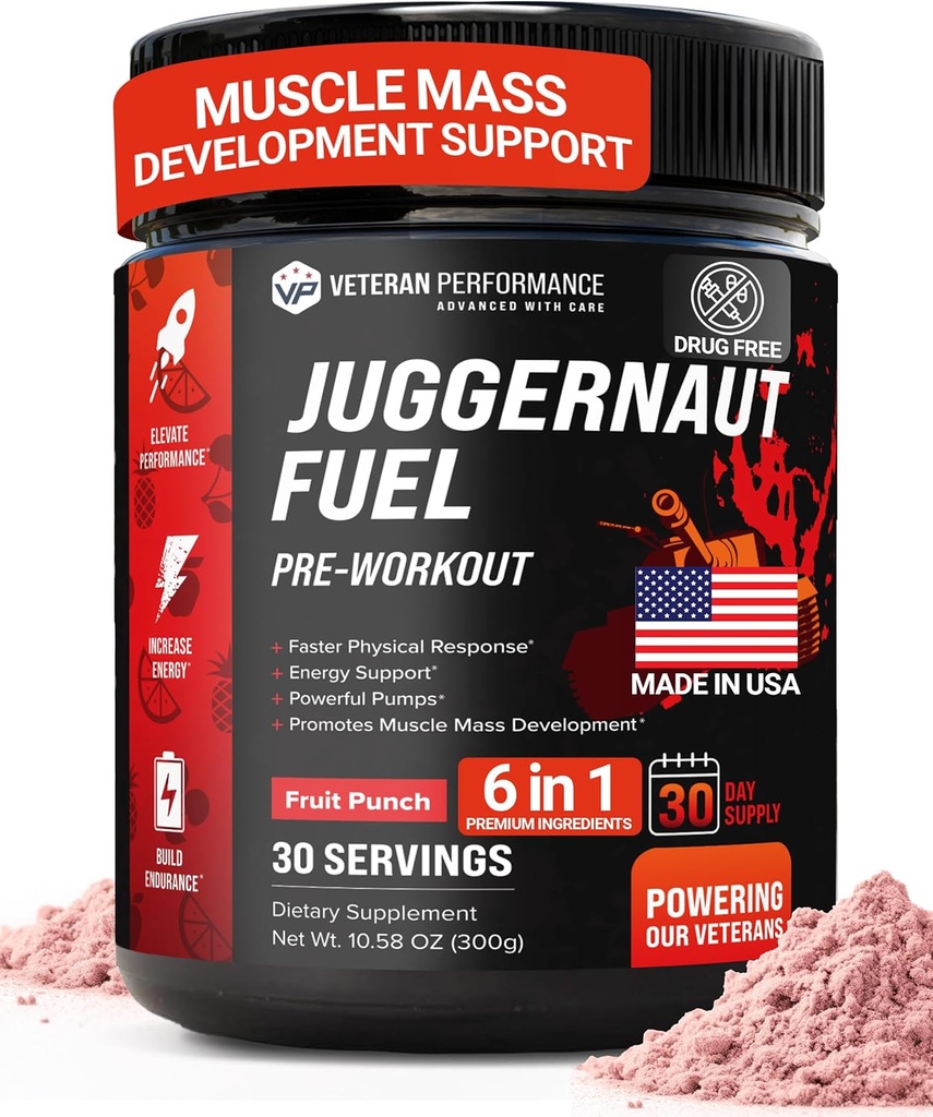 Juggernaut Fuel Preworkout. 30 Servere. Sukker fri, Ingen kunstige sødestoffer, Skabe-fri formel med Beta-alanine til energi og hydrering. Lavet i USA.