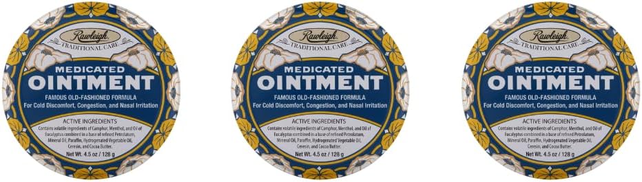 Rawleigh Medicated Salve: 4.5 oz Blue Tin, Topical Chest Rub for Cold, Nasal Congestion, Minor Aches and Pain, with Campher, Menthol & Eucalyptus, Non-Greasy Formel - Pack of 3