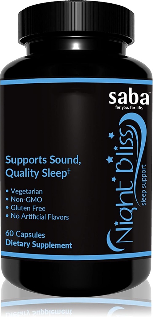 Saba Night Bliss Natural Sleep Aid Meap 124; Non- Habit Forming Meap 124; Sleep Supplement for Længere søvn & Stress Relief w / Magnesium, Melatonin, GABA, Kamille, & Valerian (60 Vegan Capsules, 30 Day Supply)
