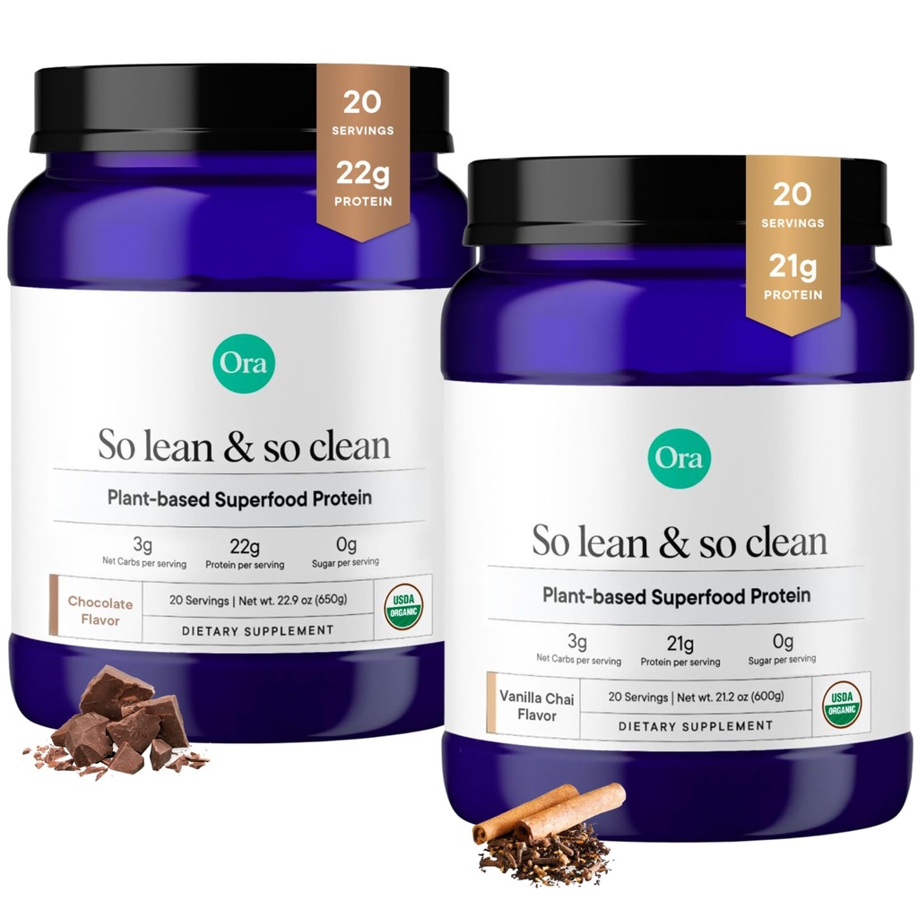 Ora Organic Vegan Protein Powder Vanilla Chai & Chocolate Bundle: 21g Plant Based Protein Powder, Vanilla Chai Flavor, 20 Servere + 22g Plant Based Protein, Chocolate Flavor, 20 Servere