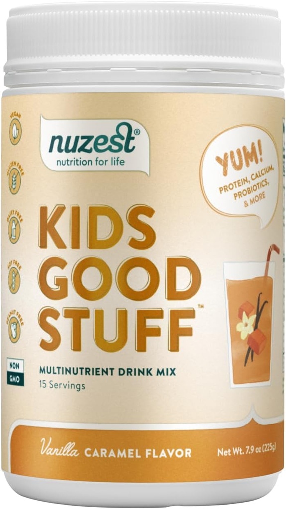 Nuzest - Kids Good Stuff - Vegan Smoothie Mix - Vanilla Caramel - Multivitamin Nutritional Supplement Protein Shake - Dairy Free - Support Growth and Development - 225g / 7,9 oz (15 Servere)