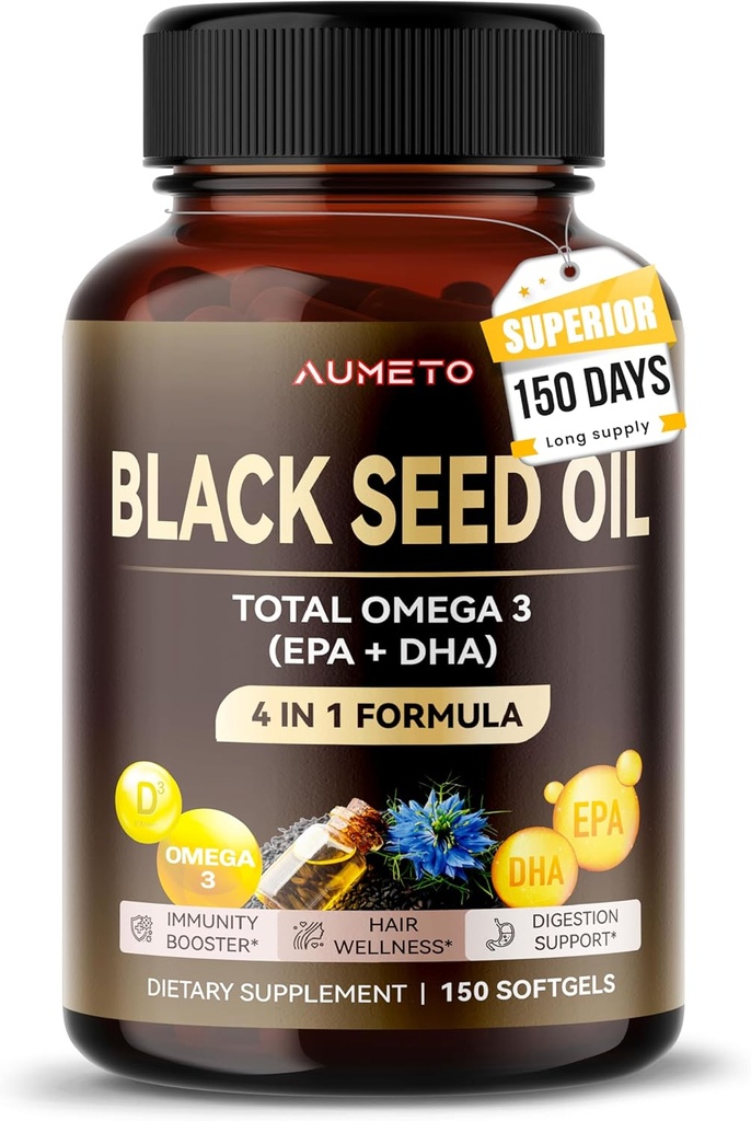 Organic Black Seed Oil - 150 Softgel - 100% kold presset kilde til Omega 3 (EPA + DPA) - Hud, hår, immunforsvar (150 greve (pakke med 1))