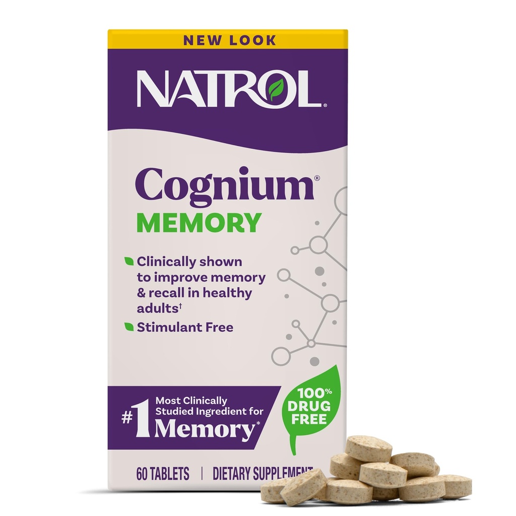Natrol Cognium Memory, Brain Health Kosttilskud til voksne, Kosttilskud til hjerne sundhed og klinisk vist for at forbedre hukommelse og genoplivning hos raske voksne, 60 tabletter, op til en 30 dages forsyning