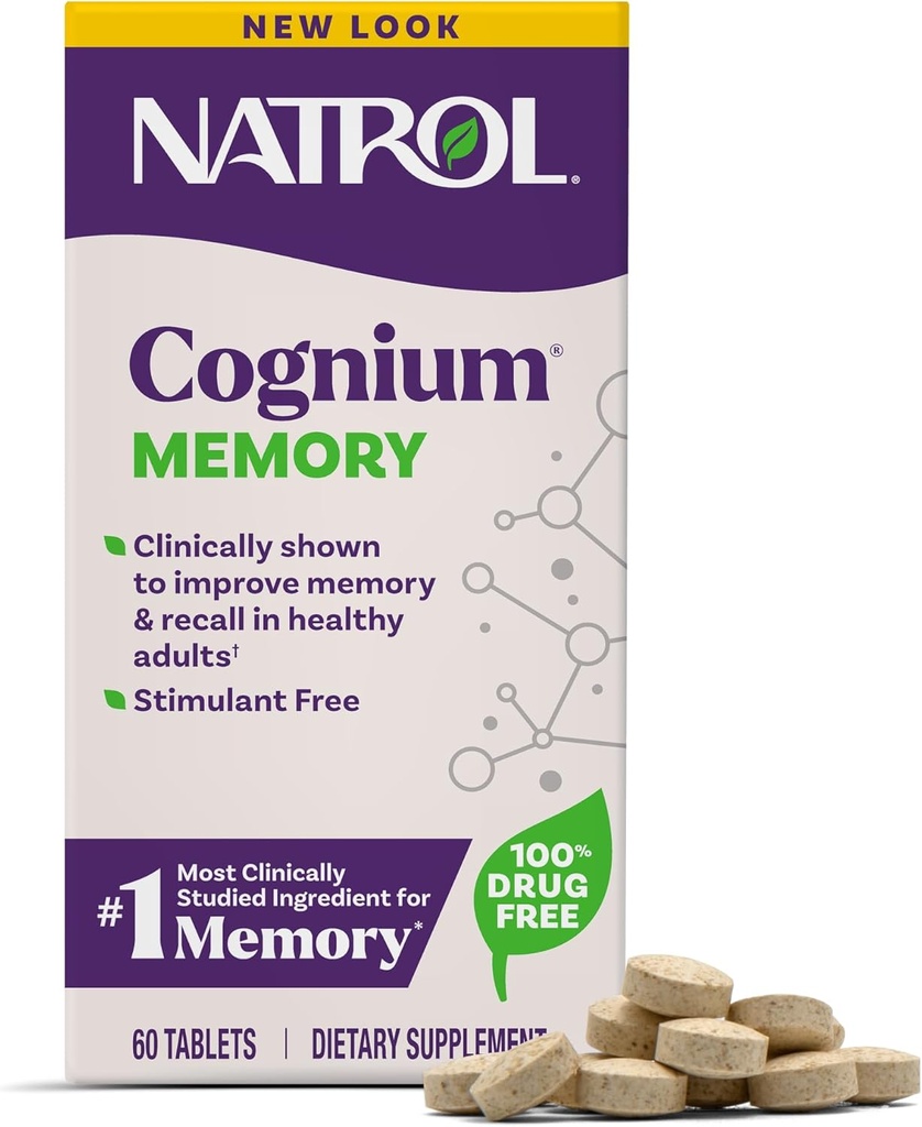 Natrol Cognium Memory, Brain Health Supplements for Adults, Dietary Supplement for Brain Health and Clinically Shown to Improve Memory and Recall in Healthy Adults, 60 Tablets, Up to a 30 Day Supply