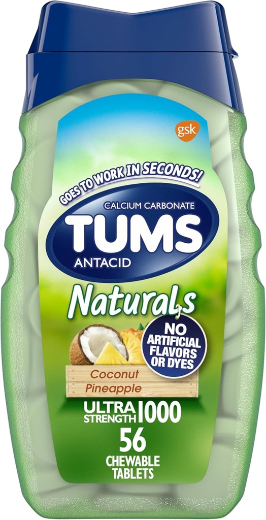 TUMS Naturals Chewable Ultra Strength Antacida Chews for Heartburn Relief, Kokos Ananas - 56 Greve