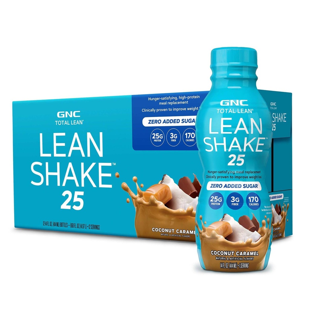GNC Lean Shake 25 Protein Shake, Clinically Proven Weight Management, Meal Erstatning, 25g Protein med nul tilsat sukker, klar til at drikke, kokos karamel, pakke med 12