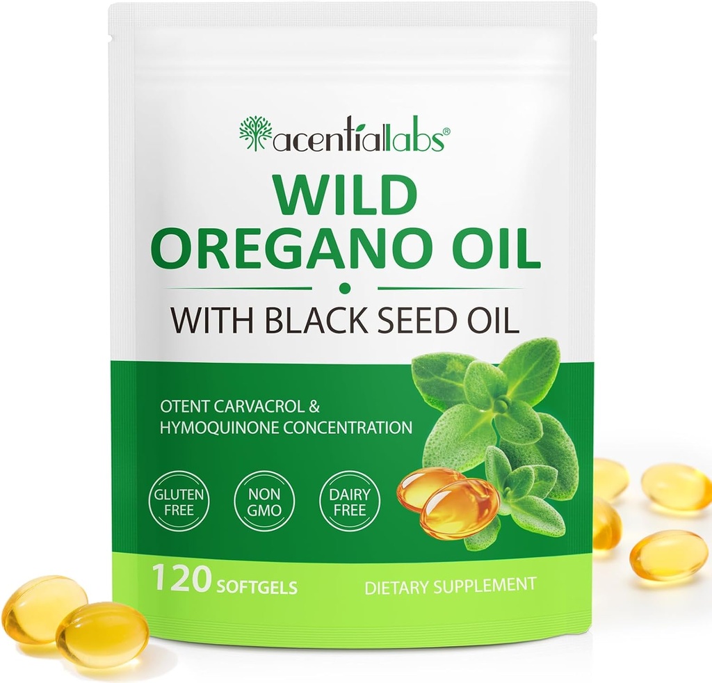 Olie af Oregano Softgel, 120 Grev Oregano Oil Supplement Kapsler, 2 i 1 6000mg Olie af Oregano med Black Seed Oil 200mg, Organic Oregano Oil Extract, Non-GMO, Gluten Free
