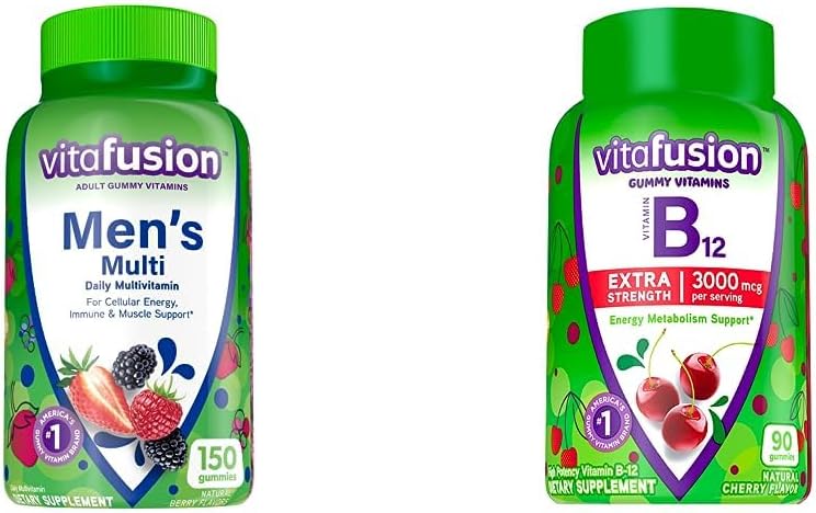 Vitafusion Voksen Gummy Vitaminer til mænd (Berry Smag) + Vitafusion Ekstra Styrke Vitamin B12 Gummy Vitaminer (Cherry Smag)