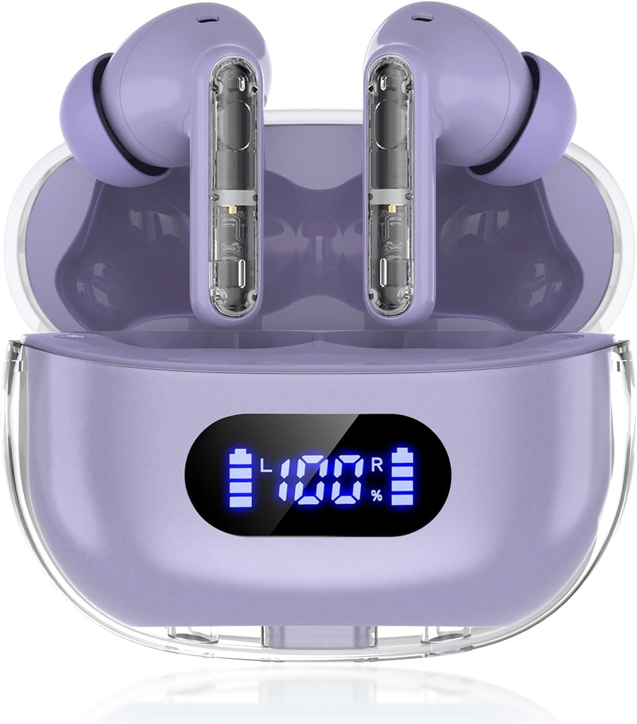 Purple Trådløse Earbuds P1 PRO, Earphones Trådløse Bluetooth hovedtelefoner med Clear Call Mics Ear Bud, Komfortabel Fit, IPX7 Vandtæt lang batterilevetid, 30H Playtime for Sport træning
