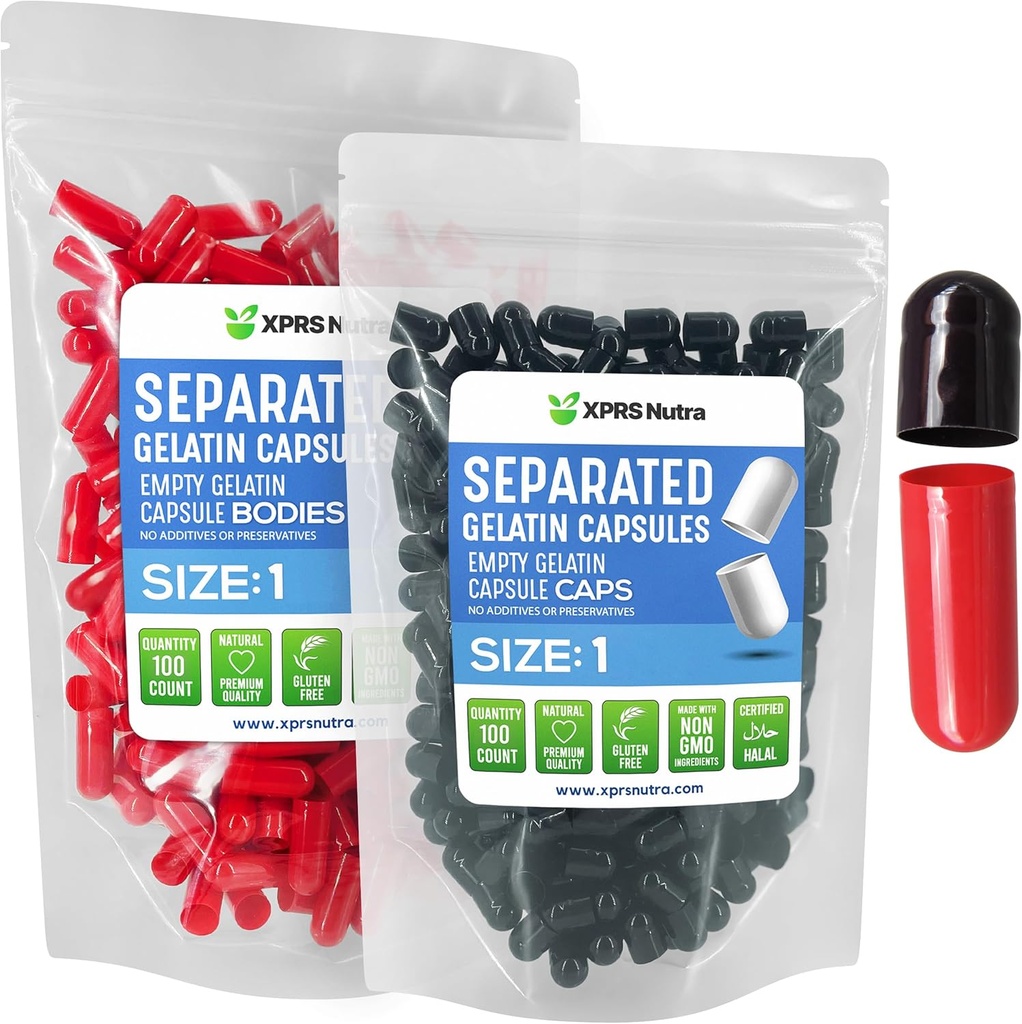 XPRS Nutra Størrelse 1 Gelatine Separated Capsules - 100 Grev Tomme Pille Kapsler Separated in Bags - Tomme Pills for DIY Supplement Filling (Sort / Rød)