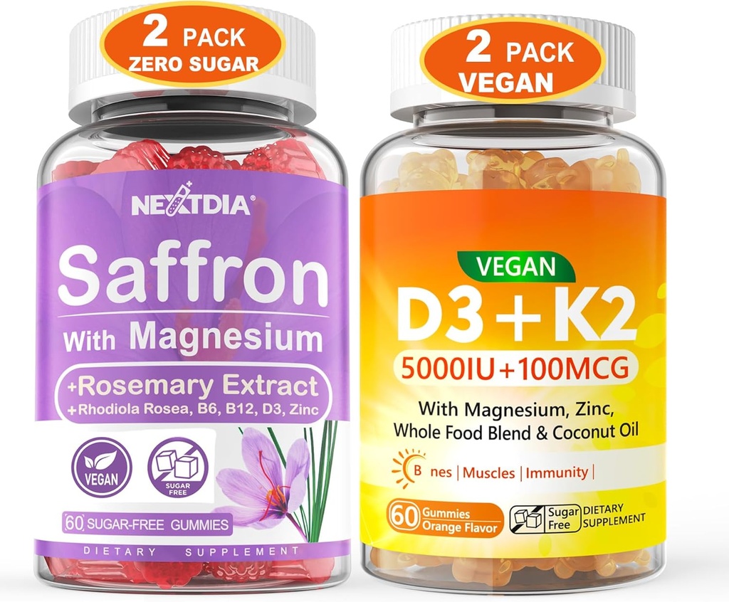 2 Pack Saffron Kosttilskud Gummies + 2 Pack Vegan Vitamin D3 5000IE K2 Gummies, Hel Food Blend, Kokosolie, Magnesium