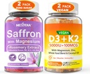 2 Pack Saffron Kosttilskud Gummies + 2 Pack Vegan Vitamin D3 5000IE K2 Gummies, Hel Food Blend, Kokosolie, Magnesium