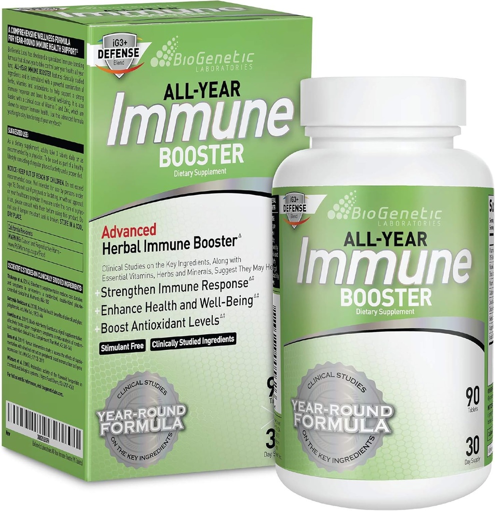 BioGenetiske Laboratorier immunbooster med hyldebær, C-vitamin, A-vitamin, D-vitamin og zink - Multi- System immunforsvar og herbal immunforsvar - Year- Round Potent Support (90 kapsler)
