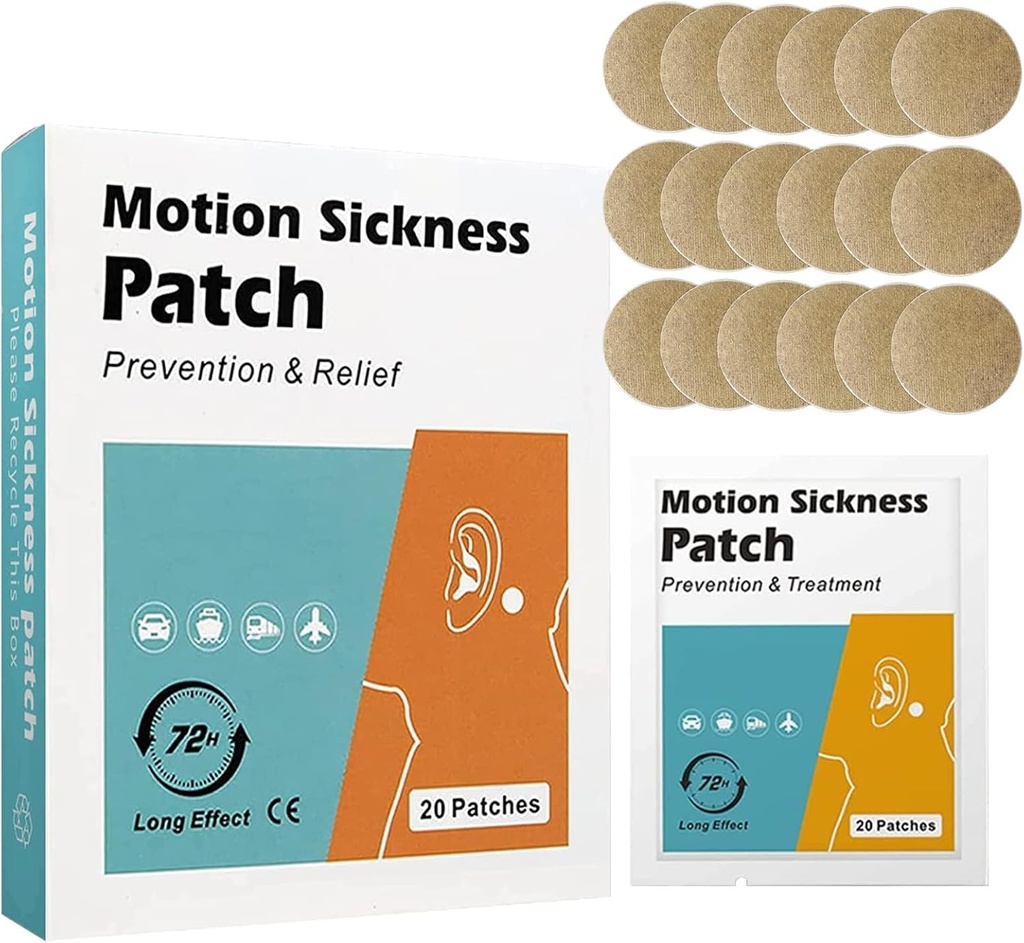 20 Count Motion Sickness Patches - Fast Acting Relieves Dizziness from Seasickness and carsickness, Suit for Car and Boat Rides, Cruise and Airplane Travel Patches