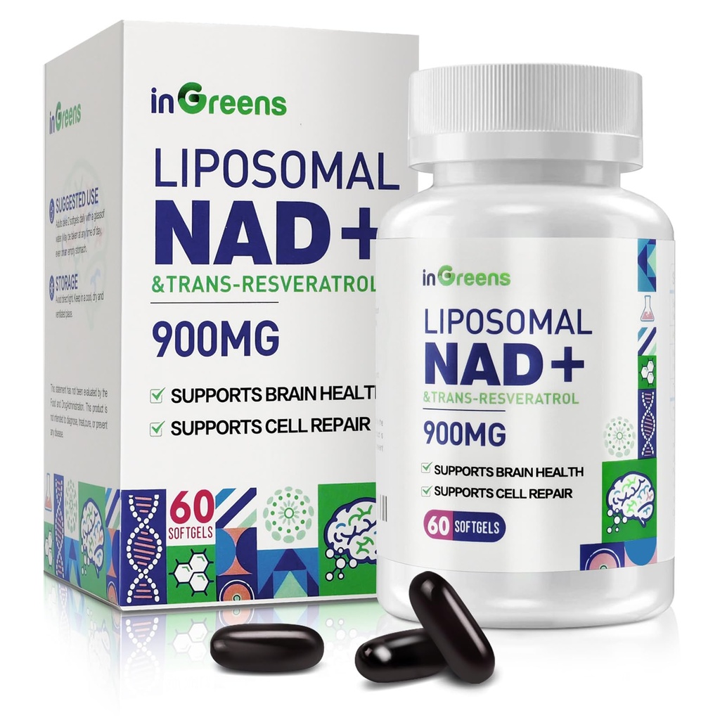 900 mg Liposomal NAD + Supplement med Trans Resveratrol 300 mg, Erstatter NMN, Superior Absorption, True NAD Plus supplement til DNA reparation og Boost NAD +, Aging Defense, Energy, Longevity, 60 Softgels