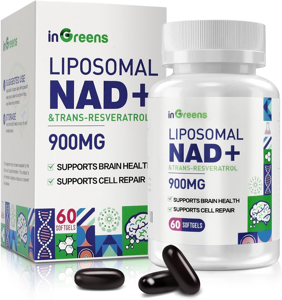 900 mg Liposomal NAD + Supplement med Trans Resveratrol 300 mg, Erstatter NMN, Superior Absorption, True NAD Plus supplement til DNA reparation og Boost NAD +, Aging Defense, Energy, Longevity, 60 Softgels