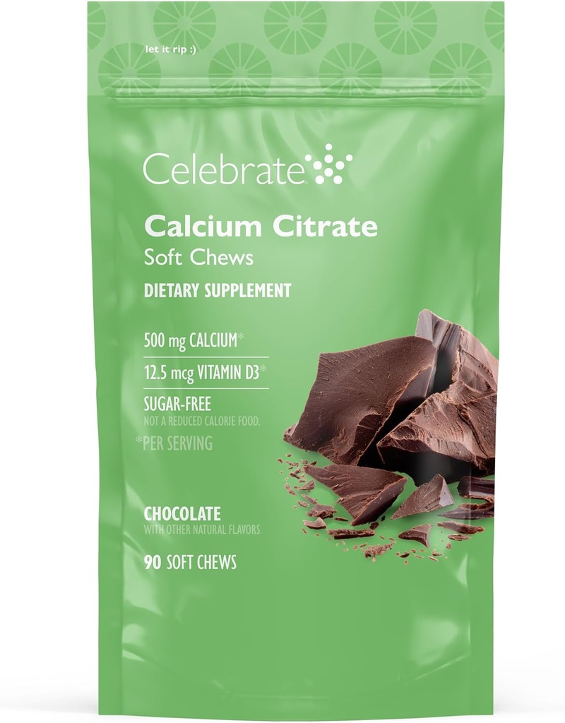 Celebrate Vitamin Bariatric 500 mg Calcium Citrat Soft Chews med 500 IE D3 Vitamin - Essential for Gastric Bypass Patienter & Knoglesundhed - Sukker & Gluten Free, Chokolade (90 Tyk)