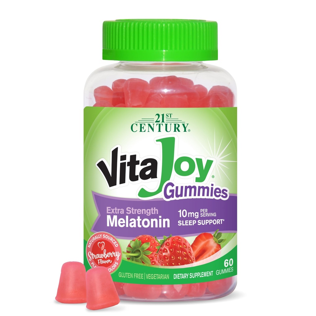 VitaJoy Melatonin Gummies 10 mg Extra Strength – Sleep Support Supplement, Strawberry Flavor, Pectin-Based, Vegetarian, Gluten Free, 60 Gummies (30 Servings)