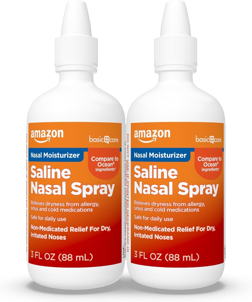 Basic Care Premium Saline Nasal Moisturizing Spray, Straks lindrende Nasal Mist Næse Spray, Non- Medicated Relief, 3 fl oz (Pack of 2)