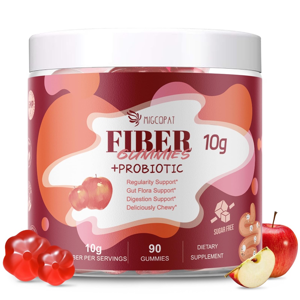 Fiber Gummies med Probiotika, 10G Fiber pr Servering No Sugar Tilded Apple Flavor, med 10 Millioner CFU Probiotika Blend, Apple Cider Vincils, C-vitamin, Inulin, Bloating Support 90 Greve