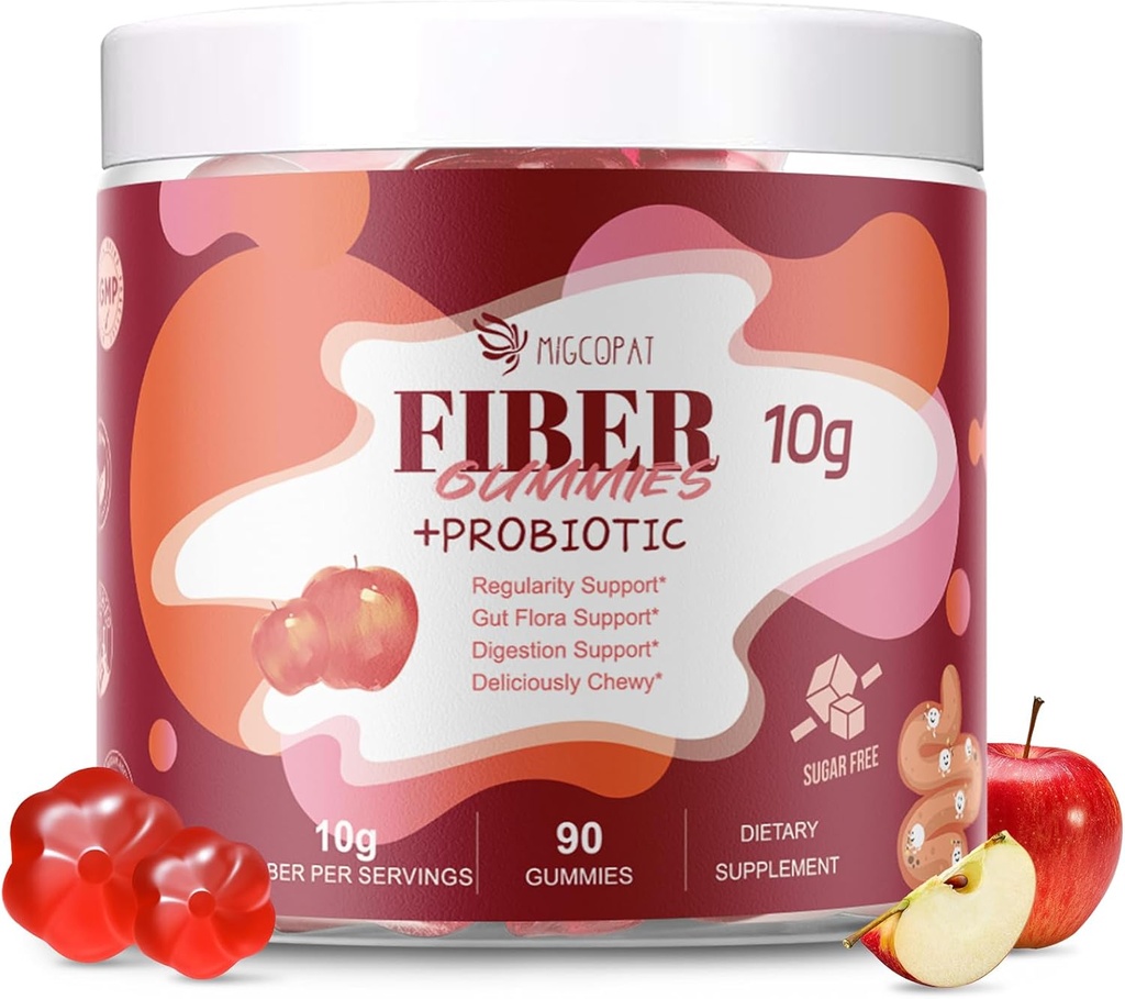 Fiber Gummies med Probiotika, 10G Fiber pr Servering No Sugar Tilded Apple Flavor, med 10 Millioner CFU Probiotika Blend, Apple Cider Vincils, C-vitamin, Inulin, Bloating Support 90 Greve