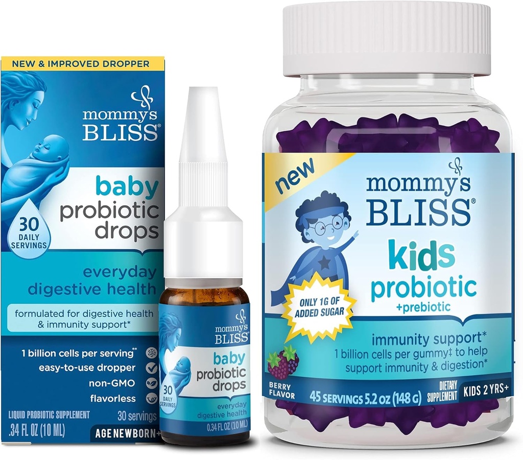 Moar 's Bliss Baby Probiotic Drops Everyday 30 Servering (Pack of 1) med Kids Probiotic + Prebiotic Gummies 45 Servering (Pack of 1), Immunity Support for All Age: Nyfødte til børn og voksne