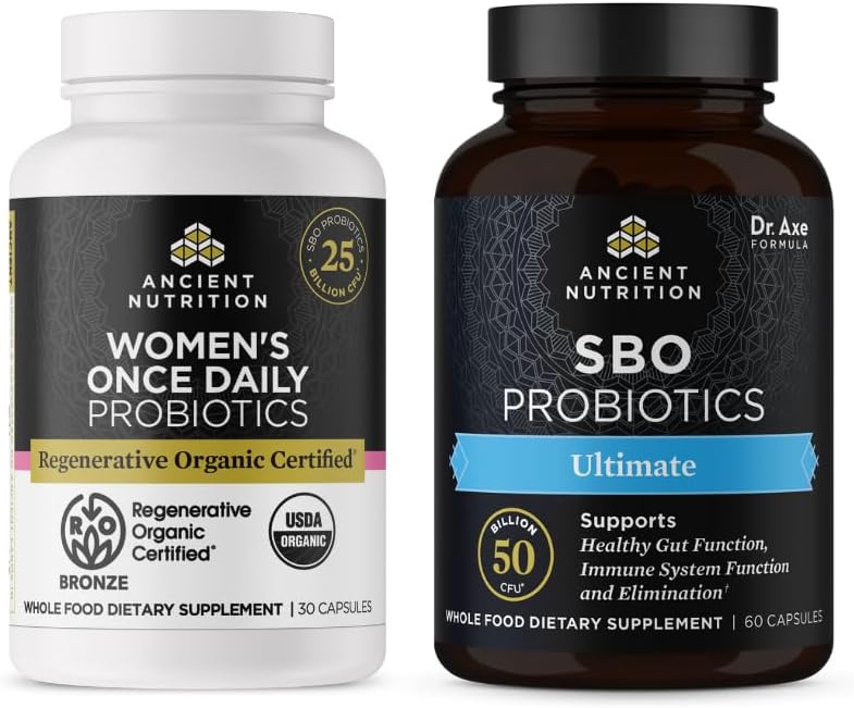 Ancient Nutrition Regenerative Organic Certified Probiotics, Women 's Once Daily, 30 Count + SBO Probiotics, Ultimate, 60 Count