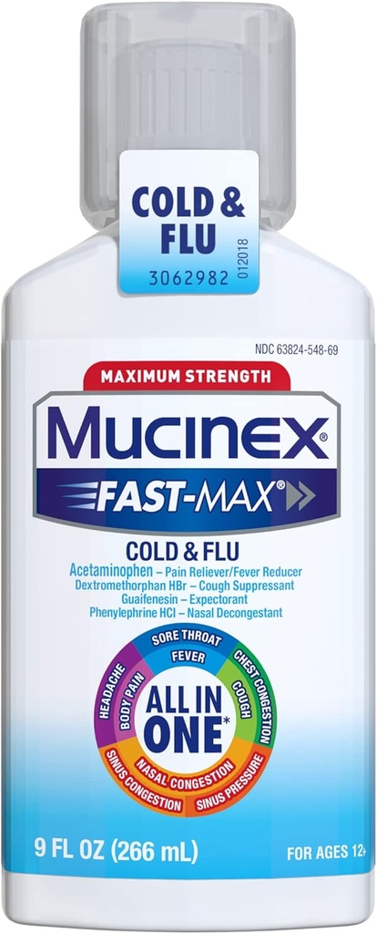 Mucinex Fast- Max maksimal styrke All- in- One Cold & Flu, 9 oz flaske, til brug på hovedpine, Body Pain, Sore Hals, Fevers, Bryst Congestion, Hough, Nasal / Sinus Congestion, og Sinus Tryk