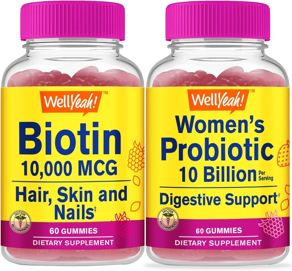 WellYes High Potency Biotin + Probiotika Kvinder 10B CFU, Gummies Bundle - Great Tasting, Vitamin supplement, Gluten Free, GMO fri, Chewable Gummy