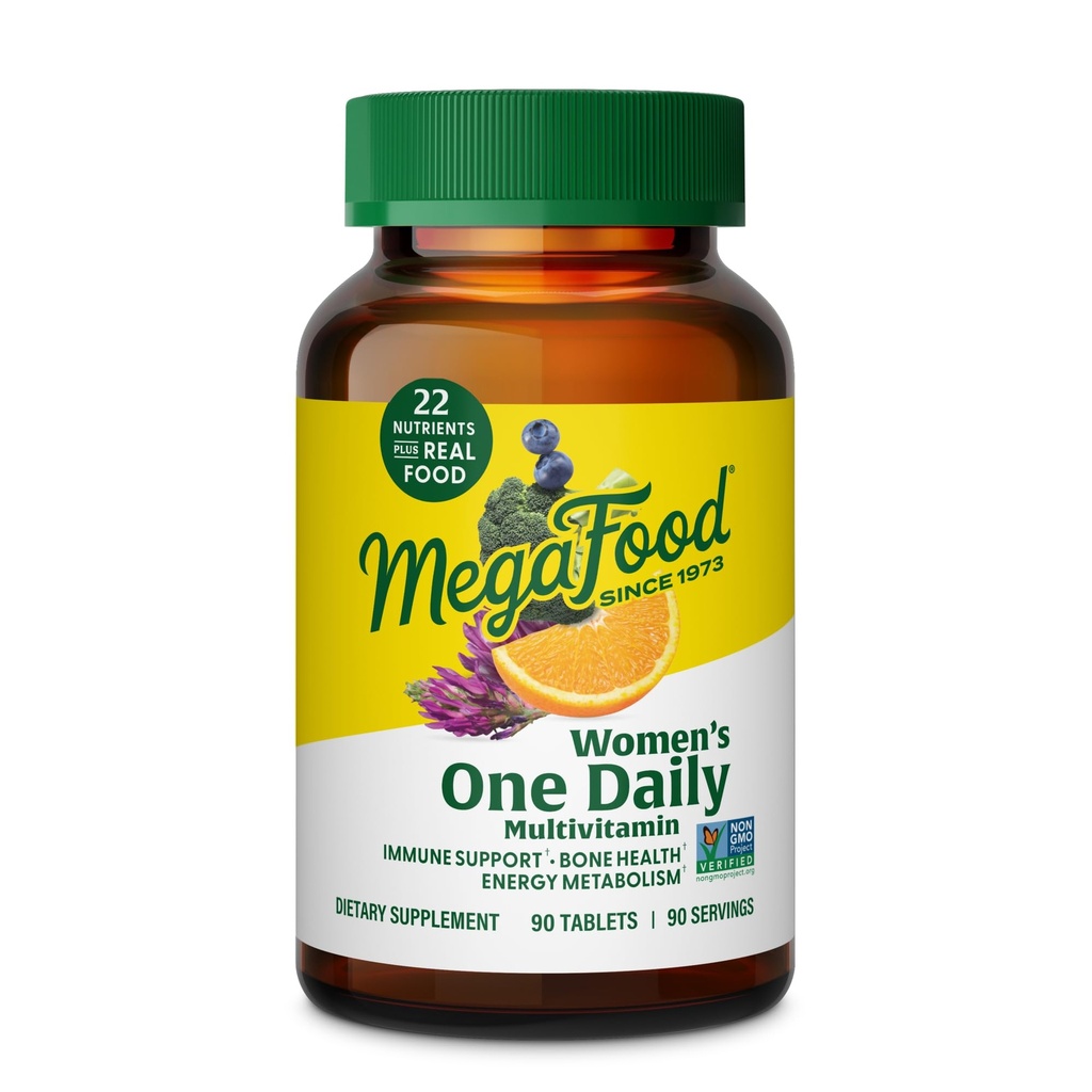 MegaFood Womens Multivitamin One Daily - Multivitamin for kvinder - C-vitamin, D-vitamin, jern & B-vitaminer - Knogler, Energi Metabolisme og immunforsvar - Vegetarisk, GlutenFree - 90 tabletter, 90 servering