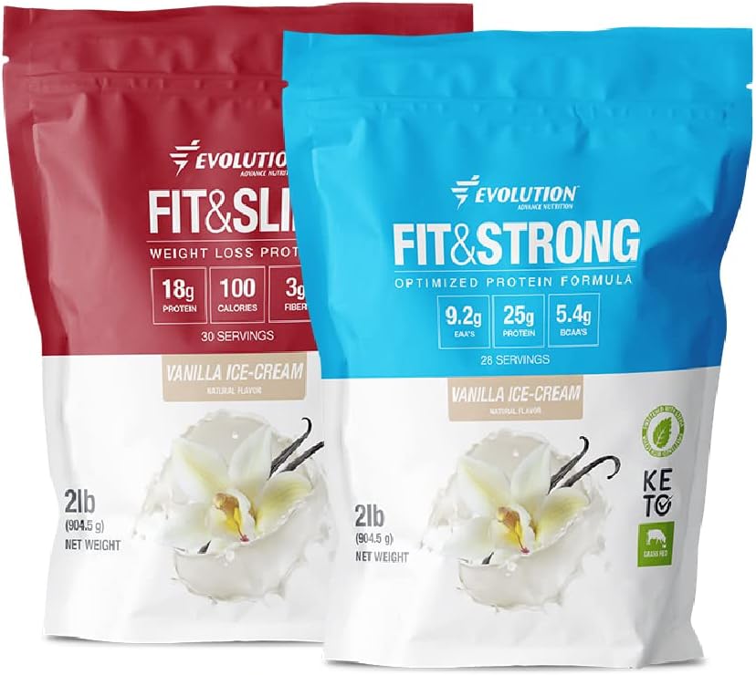 Evolution Advance Nutrition Grass Fed 100% Whey Protein Powder + Fit & Slim with Glucomannan, Inulin Fiber – High Fiber, High Protein, Pure, Keto Approved, Non GMO, Stevia Sweetened – 2 Pack