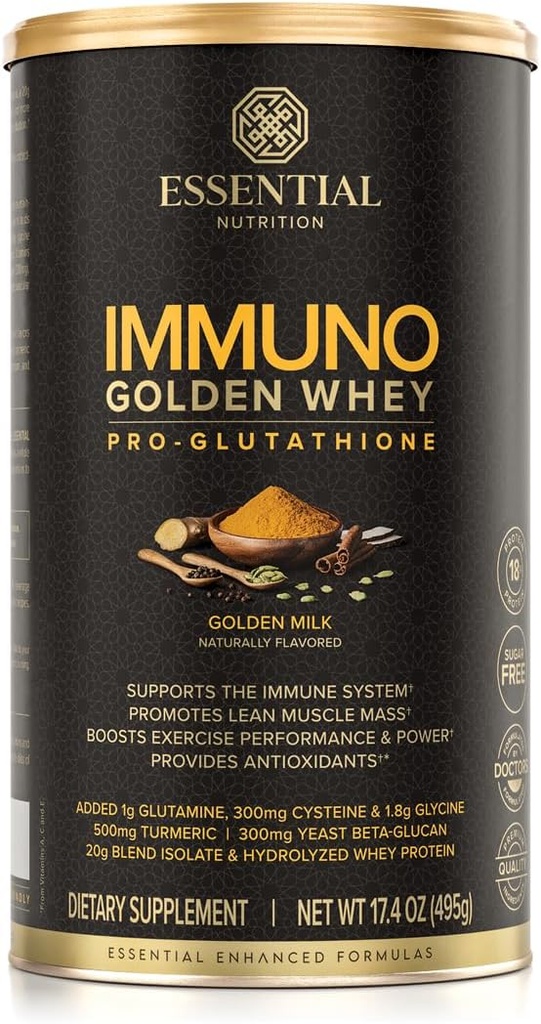 Essential Nutrition Immuno Whey - Hydrolyzed Whey Protein Powder, Whey Protein Isolate, 18g Protein Per Serving, Aminosyrer, Glutathion Produktion - Gurkemeje Extract - Golden Milk - 17.4oz