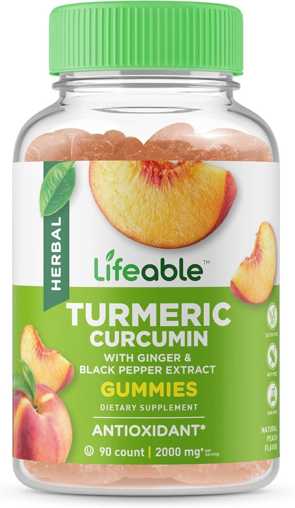 Lifeable Gurkemeje med Ginger & Black Pepper Extract - 2000mg - Great Tasting Natural Flavor Gummy - Vegetarisk GMO- Free Supplement - 90 Gummies