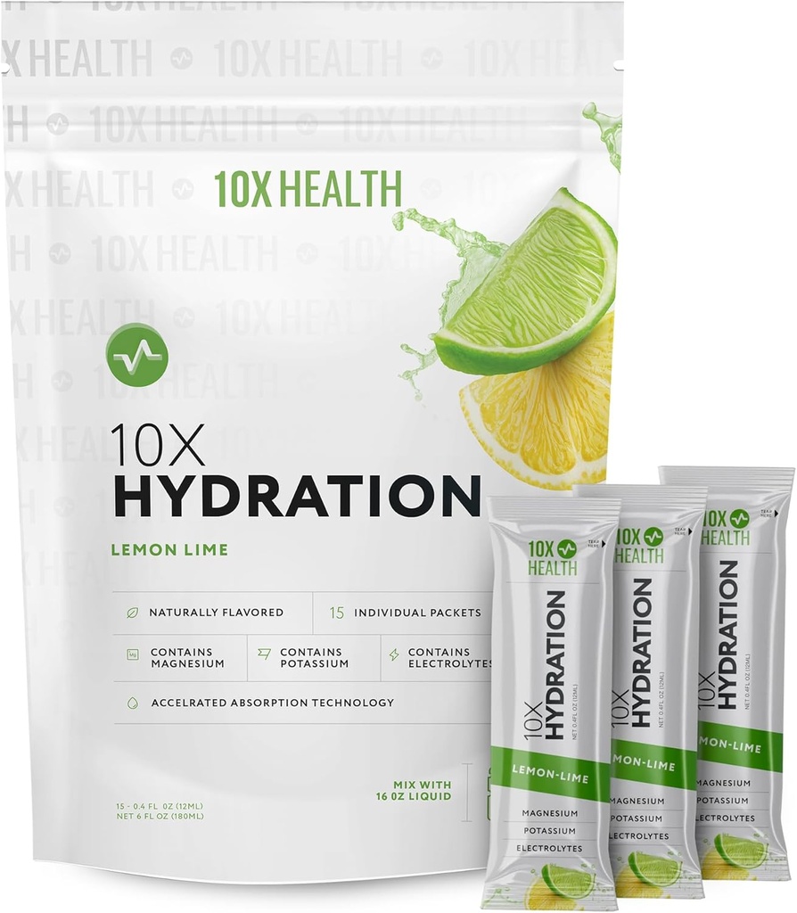 10X Health Hydration Packets Lemon Lime Electrolyte Drink Mix Liquid 15 Stickpacks with Magnesium Citrate, Sodium & Potassium - Natural Flavored Electrolyte