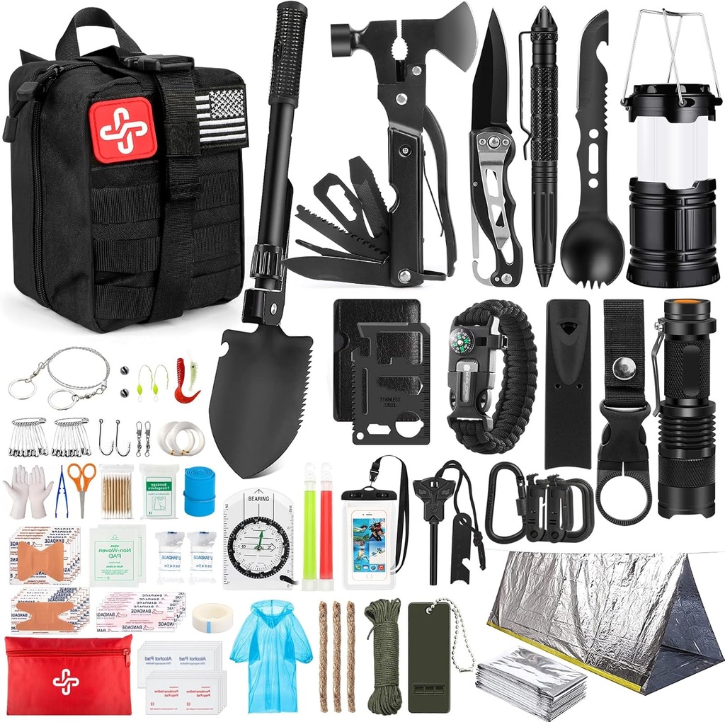 Survival Kit, 250Pcs Survival Gear Førstehjælp Kit med Molle System Kompatibel Bag og Nødtang, Nødkit til Jordskælv, Udendørs Adventure, Vandreture, Jagt, Gaver til Mænd Kvinder