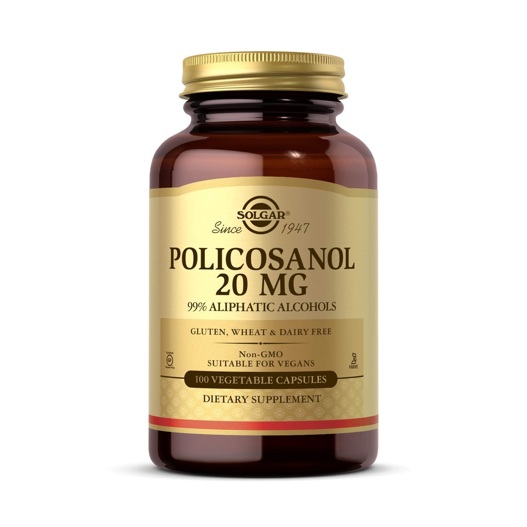 Solgar Policosanol 20 mg, 100 Vegetabilske kapsler - Understøtter hjerte sundhed - General Wellness - Vegan, Gluten Free, Dairy Free, Kosher - 100 Servere