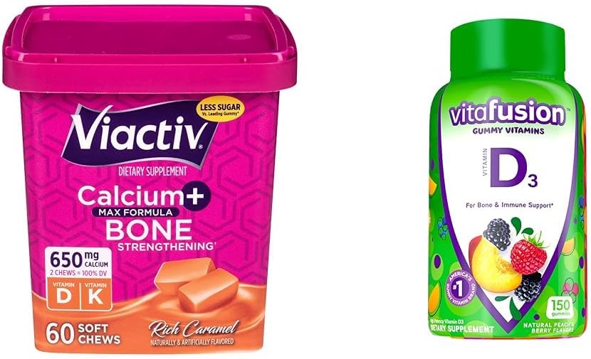 Viactiv Calcium + D3- vitamintilskud Soft Chews, Caramel, 60 Chews - Calcium Kosttilskud & Vitafusion Vitamin D3 Gummy Vitaminer til ben og immunsystemet Support, Peach, Blackberry