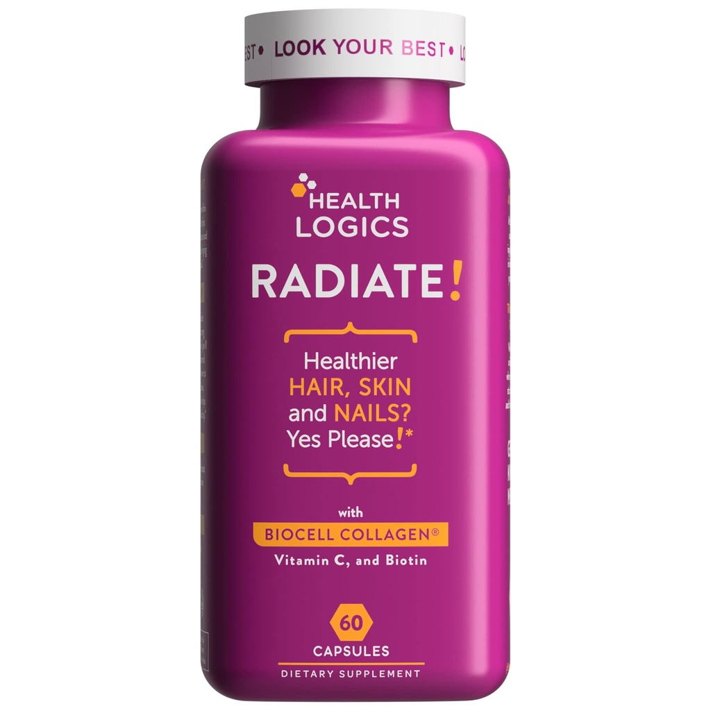 Health Logics Radiate Medic124; Hår Hud & Nails med Biotin, BioCell Collagen, C-vitamin, Hyaluronsyre Medic124; Klinisk vurderet til at reducere facial linjer, Wrinkles, Crows Feet & Promote fælles komfort