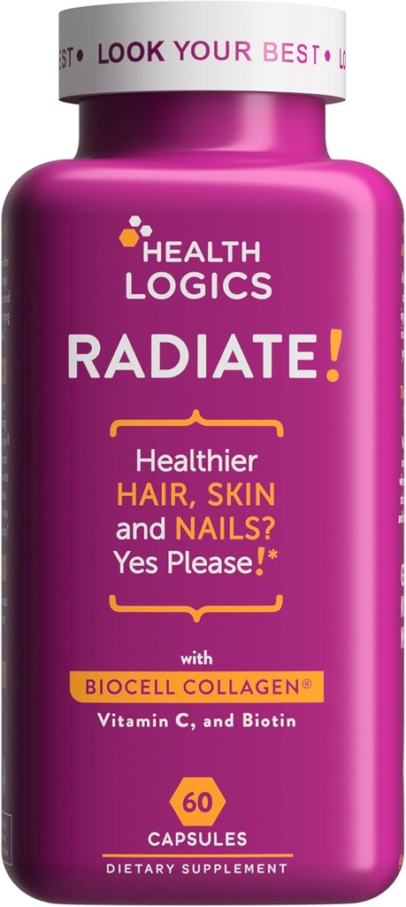 Health Logics Radiate Medic124; Hår Hud & Nails med Biotin, BioCell Collagen, C-vitamin, Hyaluronsyre Medic124; Klinisk vurderet til at reducere facial linjer, Wrinkles, Crows Feet & Promote fælles komfort