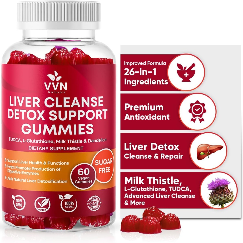 VVNaturals Sugar- Free 26- in-1 Lever Cleanse Detox & Repair Fede Lever Formel Gummies; 3000mg Blend of Glutathione, Silymarin Milk Thistle, Cholin, Tutaddy Detox Gummies - 60 Vegan Ct
