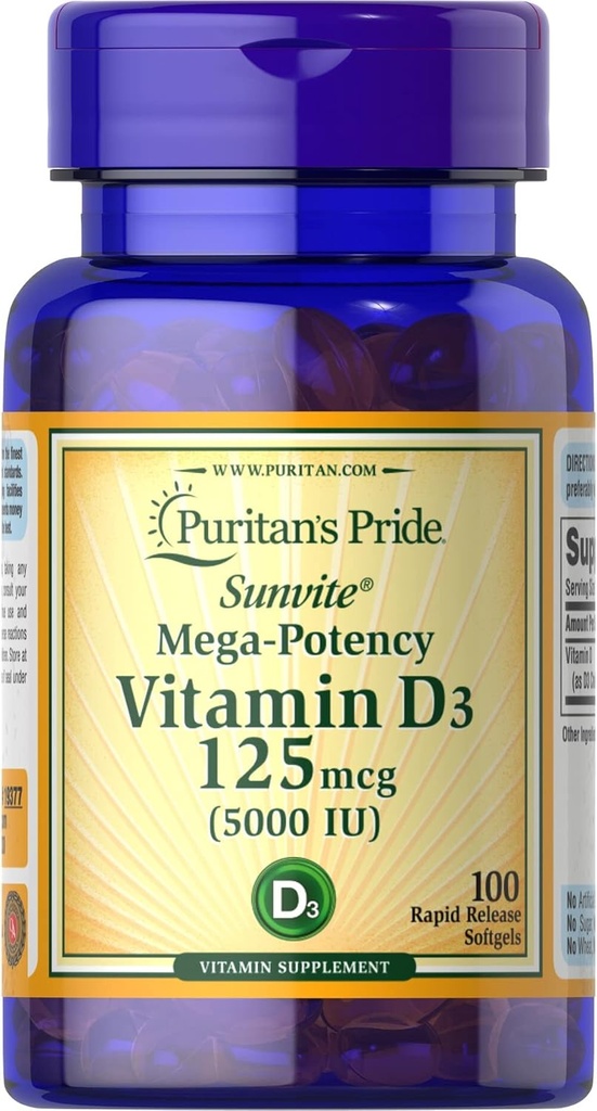 Puritans Pride Vitamin D3, 5000 IE, 100 Tæl