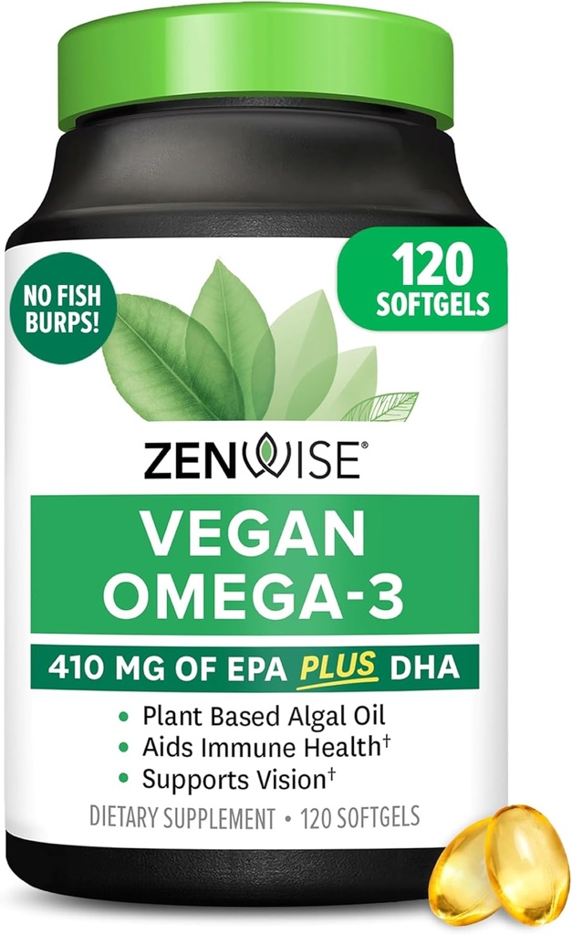 Zenwise Health Vegan Omega 3 Supplement - Burpless Omega 3 Supplement med DHA, EPA & DPA Fedtsyrer til immunsundhed - Fish Oil Alternativ fra bæredygtigt syret Marine Algae Oil - 120 Softgels