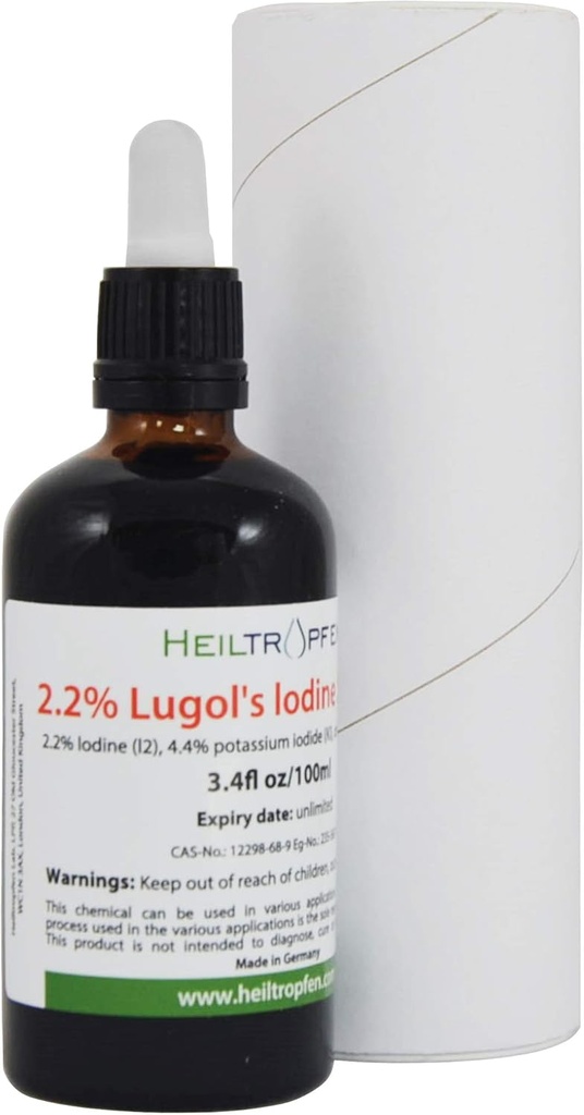 2.2% Lugol's Iodine Solution 3.4 Fl Oz | Pharmaceutical Grade Ingredients | Lugols Solution Made with Iodine and Potassium Iodide. Heiltropfen®
