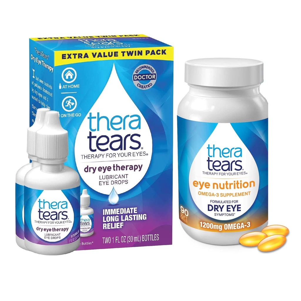 TheraTears 1200mg Omega 3 Supplement til Eye Nutrition, og VIT E, 90 Count Eye Dryps til tørre øjne, Twin Pack, 30mL 1 Fl oz Hver (Packaging May Vary)