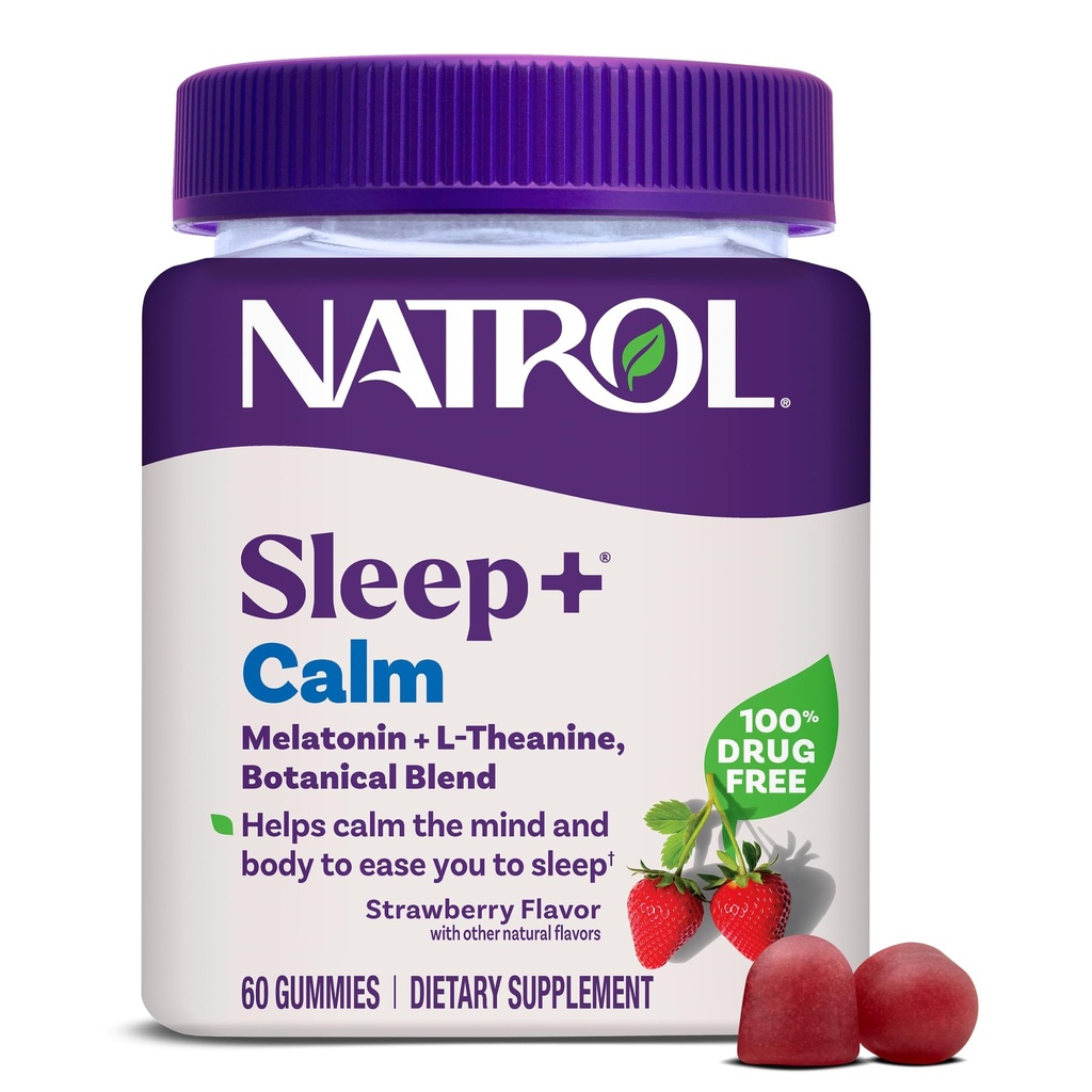 Natrol Sleep + rolig melatonin gummier for voksne, søvn gummier, jordbær flavor, 60 gummies, 30 dages forsyning