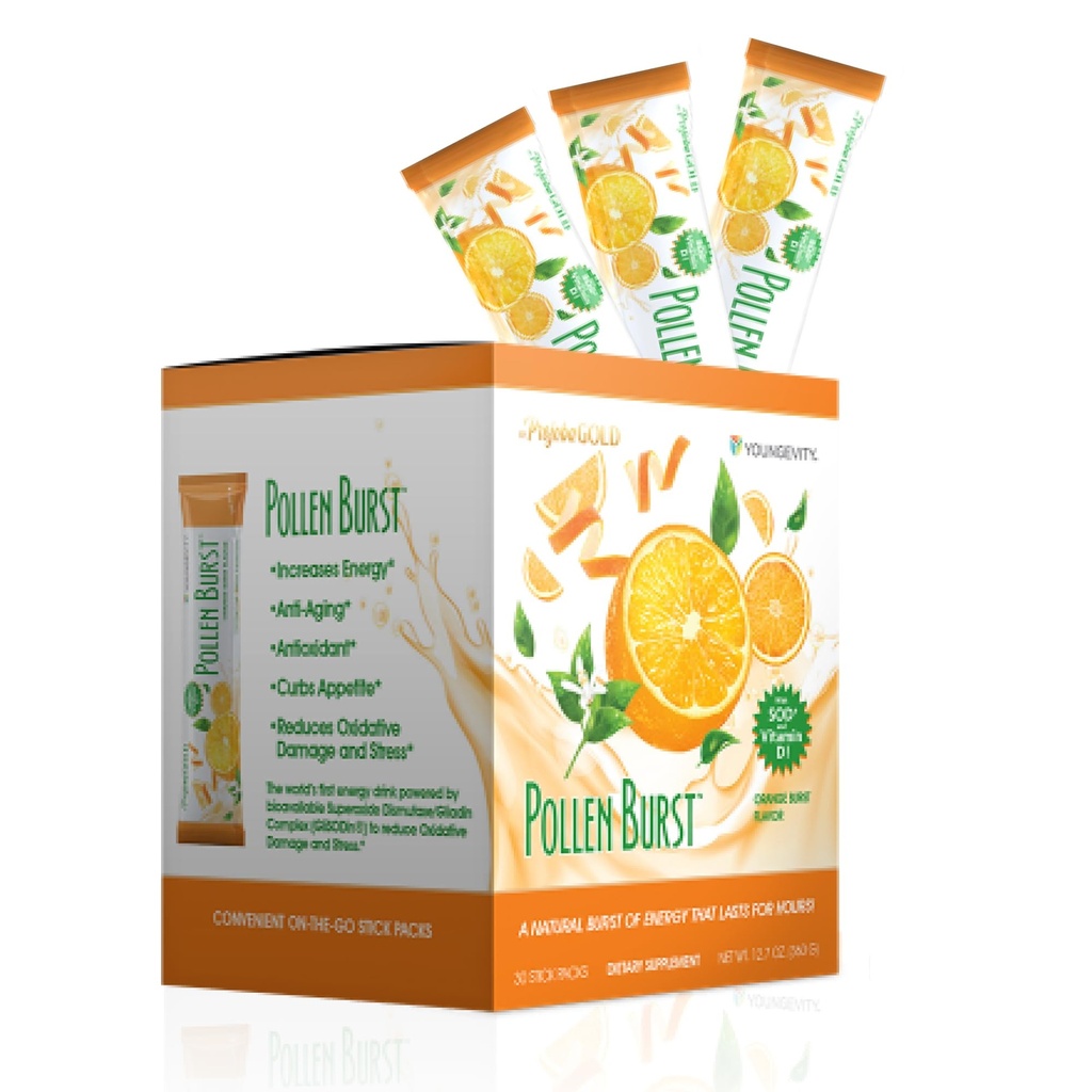 Youngevity ProJoba Pollen Burst ™ - Clean Natural Energy Supplement w / Green Tea, Pollen Extract, GliSODin ® - Forøg fokus, Brain Boost, Endurance, Mental Clarity (30 Sticks)