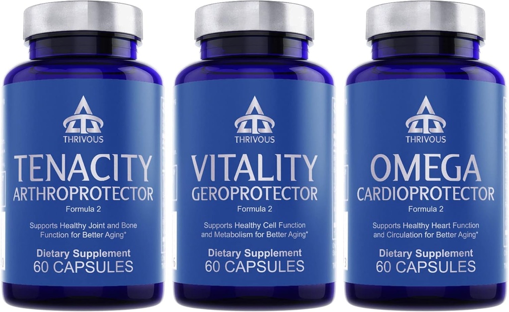 Thrivous Geroprotector Stack - Vitality + Tenacity + Omega Longevity Bundle for Metabolic, Joint & Heart Support - 180 Veganske kapsler
