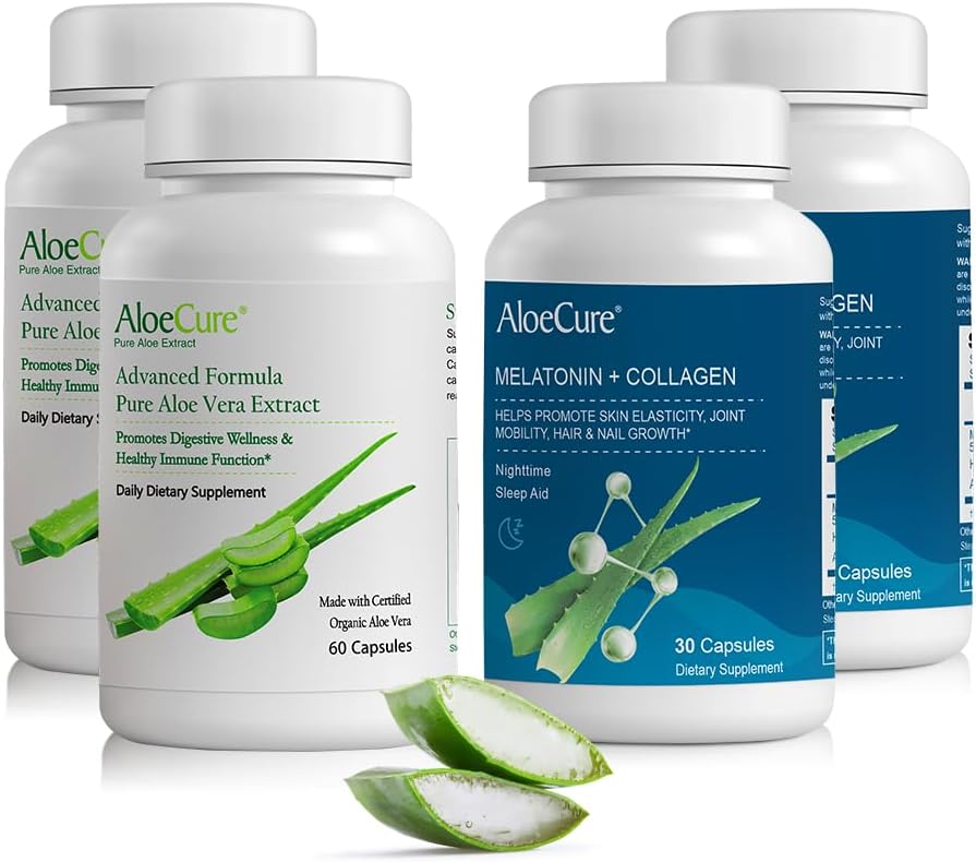 AloeCure Organic Aloe Vera Capsules Pack - 4 stykker - 2 x Melatonin + Collagen, 2 x Aloe Vera Capsules