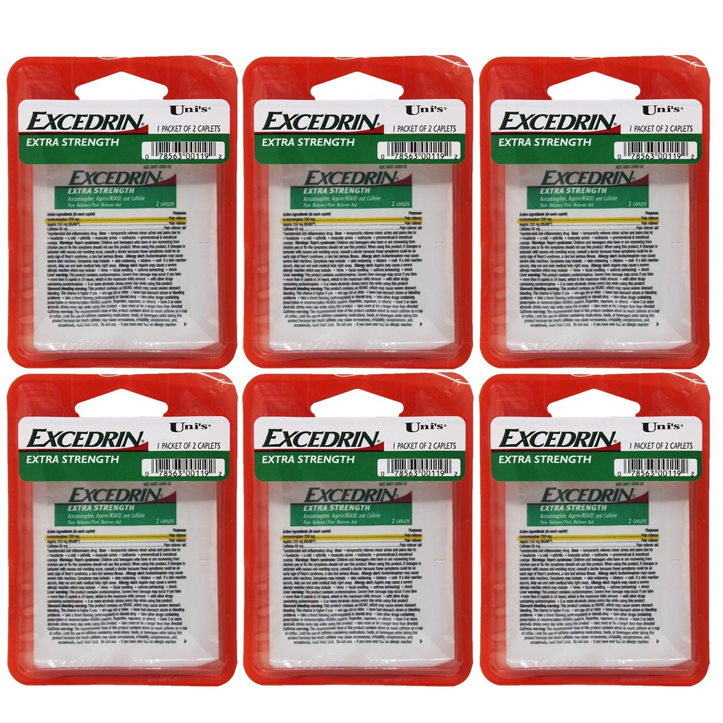 Uni 's Excepdrin Extra Strength 6 Count enkeltdosis Relief 2 caplets i hver pakke. Hjælper Relieves Hovedpine, Tandpine, Backache, Menstruelle kramper, Fælles Kulde, og Muskulære Aches.