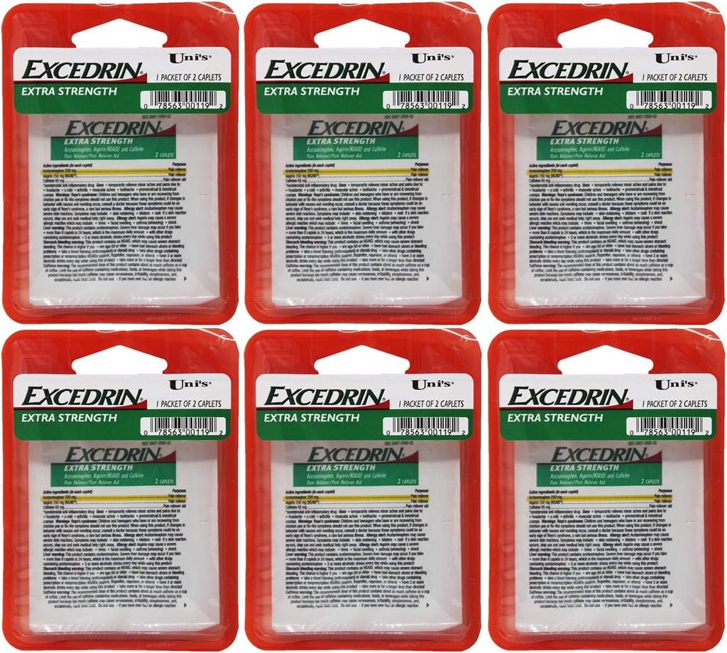 Uni's Excedrin Extra Strength 6 Count Single Dose Relief 2 caplets in Each Packet. Helps Relieves Headache, Toothache, Backache, Menstrual Cramps, Common Cold, and Muscular Aches.